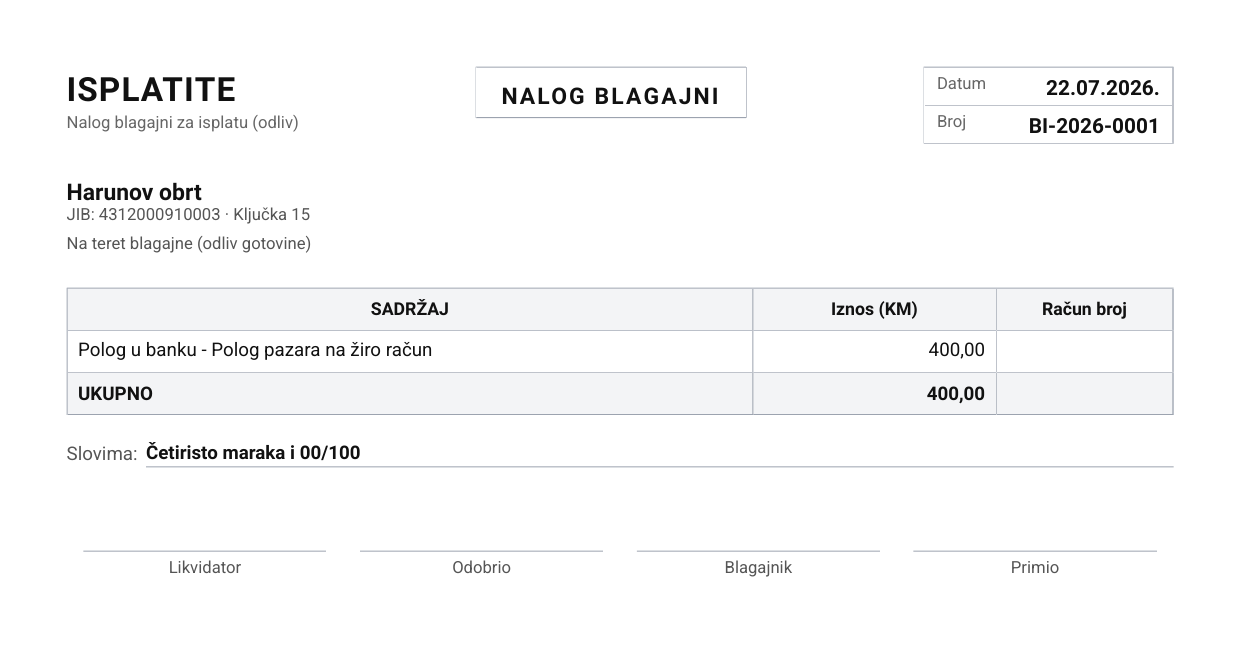 Automatski generisan blagajnički nalog za isplatu