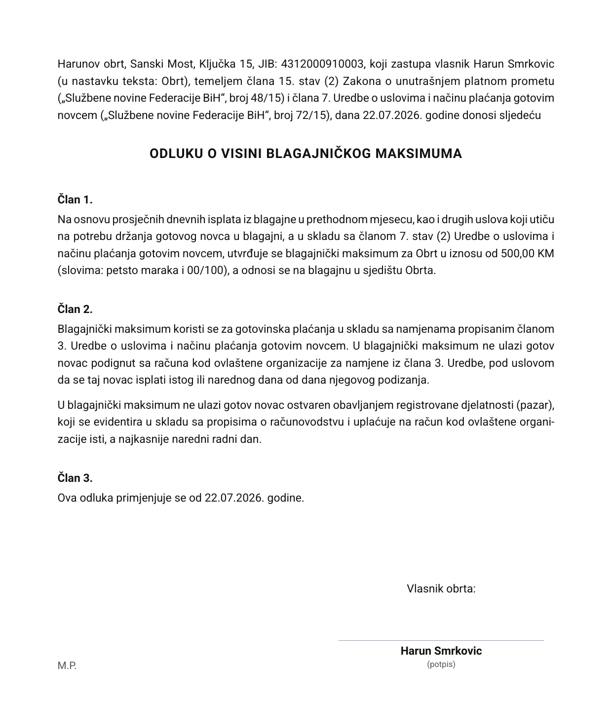 Automatski generisana odluka o visini blagajničkog maksimuma