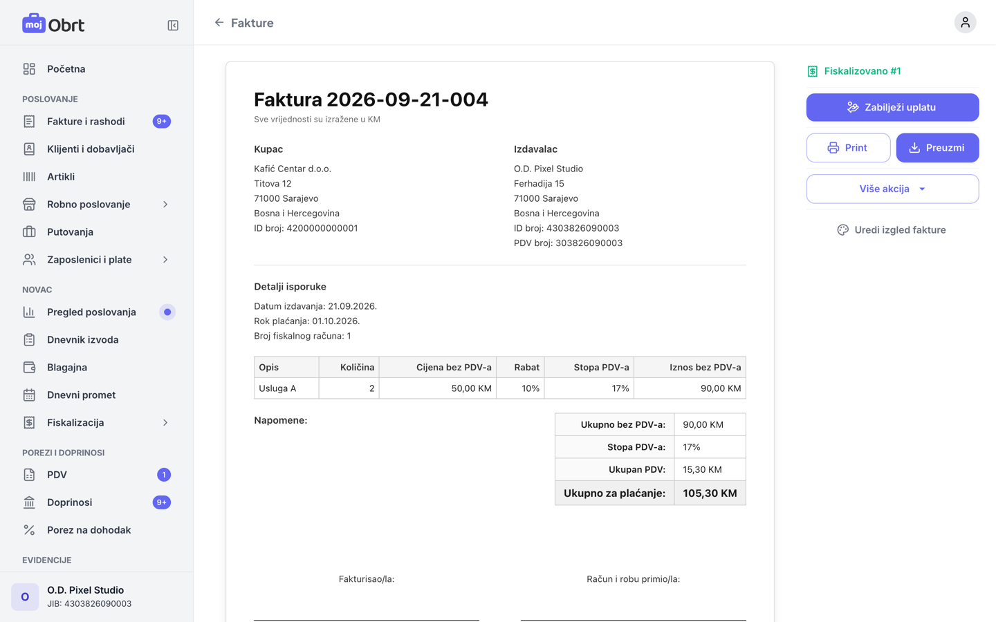 Fiskalizovana faktura u MojObrt aplikaciji s brojem fiskalnog računa