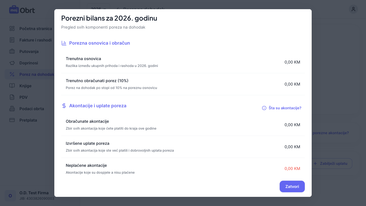 Kartica sa pregledom stanja poreza i detaljnim obračunom