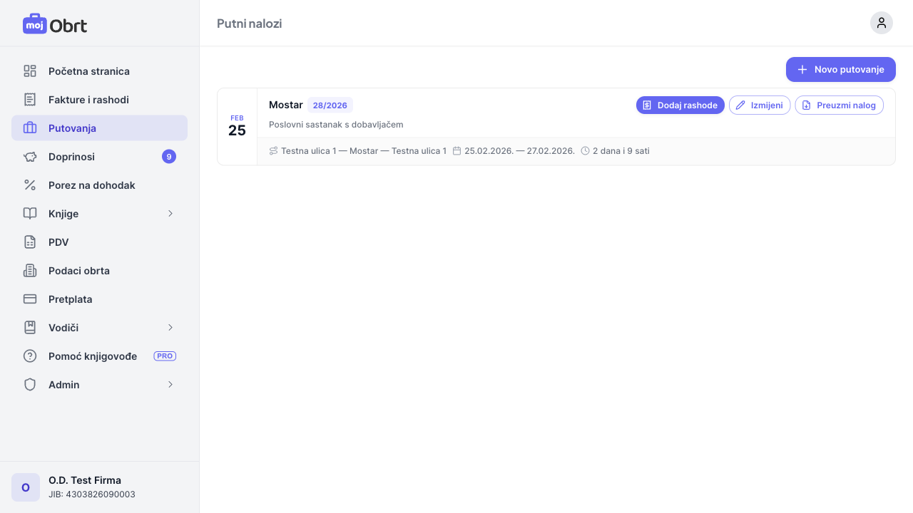 Stranica putovanja sa listom putnih naloga