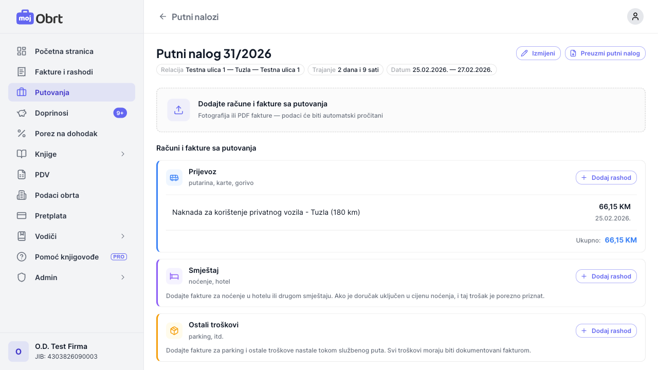 Stranica putnog naloga sa detaljima i kategorijama troškova