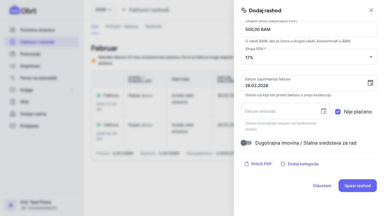 Checkbox "Nije plaćeno" označen - rashod čeka plaćanje