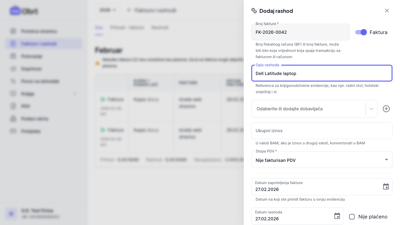Forma za novi rashod sa osnovnim podacima