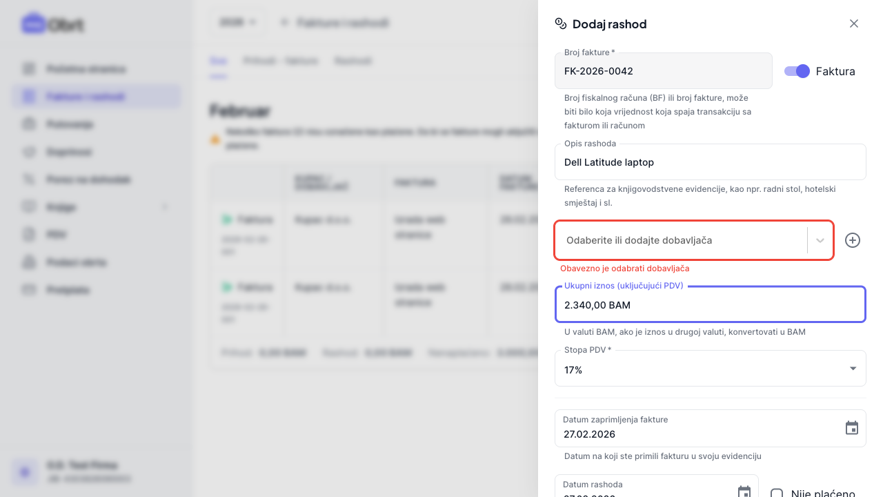 Polja za iznos, PDV i datum na formi rashoda