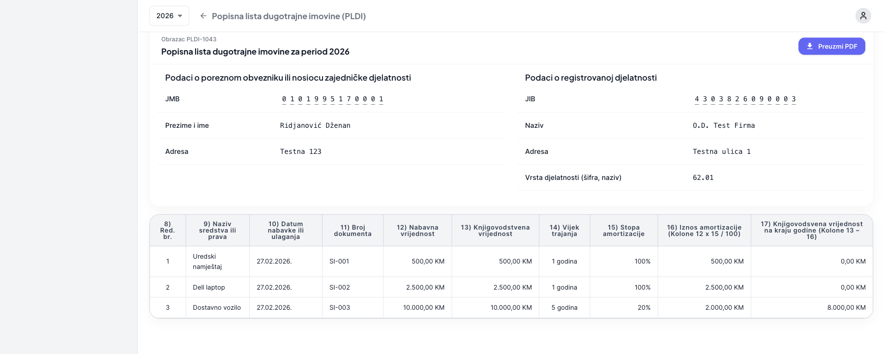 PLDI tabela sa svim kolonama i dugme za preuzimanje PDF-a
